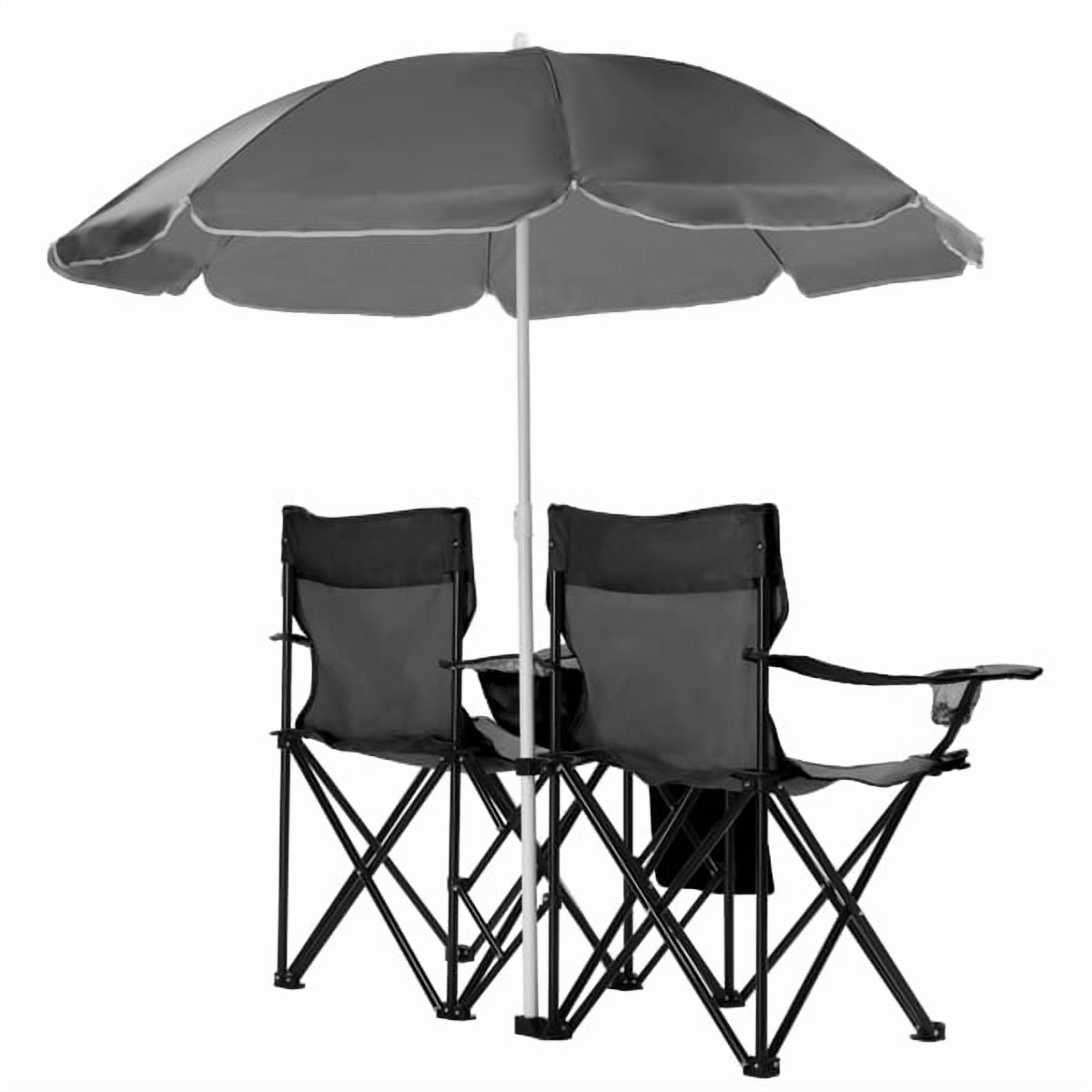 Alvantor 2-Seat Outdoor Folding Chair with Removable Umbrella for Beach, Camping and Fishing, Black