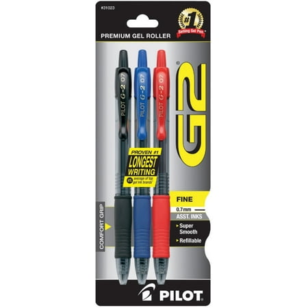Pilot G2 Retractable Premium Gel Fine Point Roller Ball Pens, Assorted Colors 3 ea (Pack of 3)