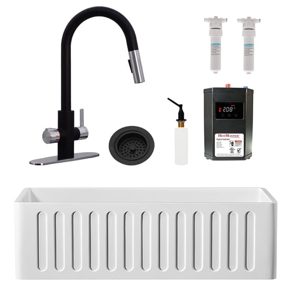 Westbrass BK13341-6220 33" Single Bowl Reversible Apron Front Solid Surface Kitchen Sink with 4 in 1 Faucet, Dual Water Filters, Soap Dispenser and Drain Trim, Matte Black/Stainless Steel