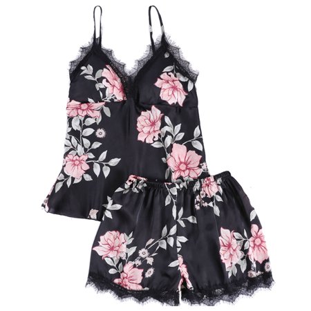 

Women Sleep Lounge Pajamas Set Satin Sleepwear Summer Floral With Chest Pad Sexy