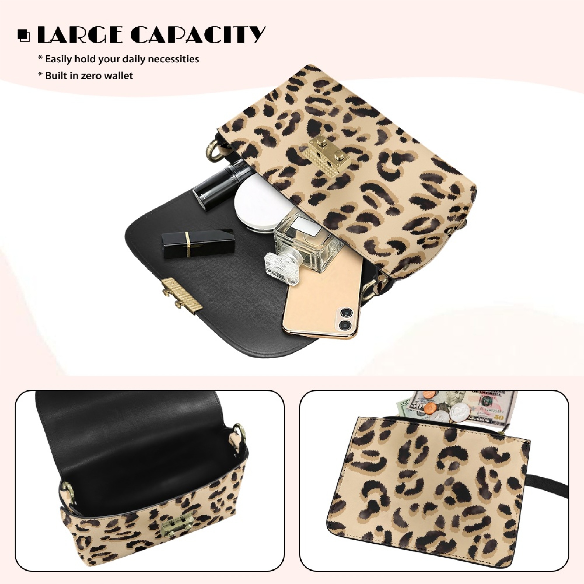 TSOVTHRID Beige Leopard Print Crossbody Bags for Women, Crossbody Purse, PU Leather Handbags Shoulder Bag, Cell Phone Purse with Chain Strap