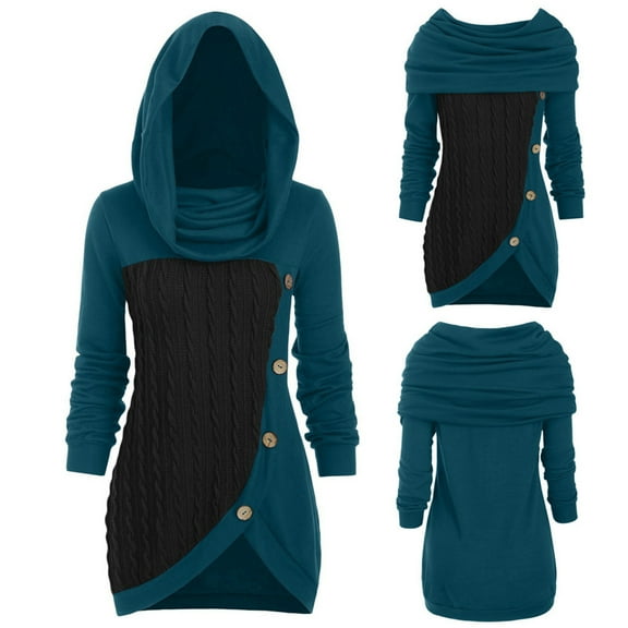 Zedker Tunic Sweaters for Women, Womens Fall Sweaters Plus Size Women Round Neck Long Sleeve Solid Botton Pachwork Asymmetric Tops Sweater