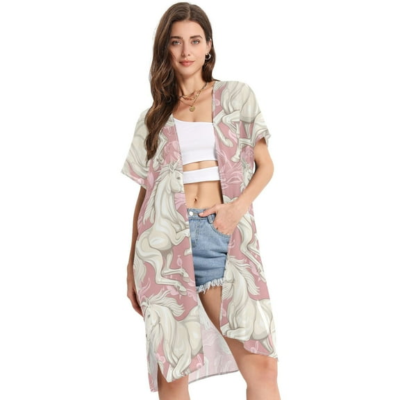 Beach Vacation Clothes Kimono Cardigan Loose Swimsuit Cover Up for Women Elegant Horse with Flower S