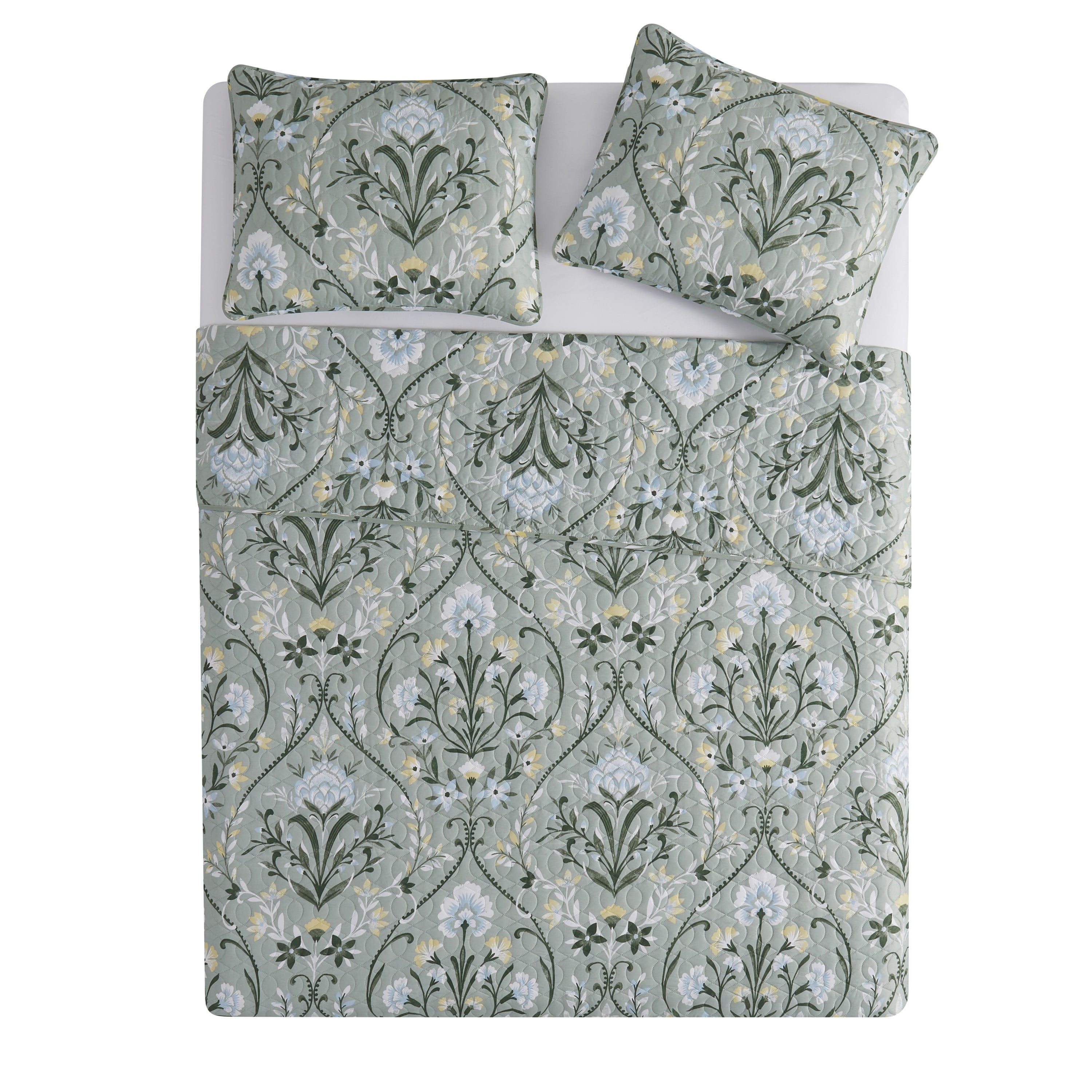 VCNY Home Province 3-Piece Green Floral Damask Printed Quilt Set, King, Adult, Unisex