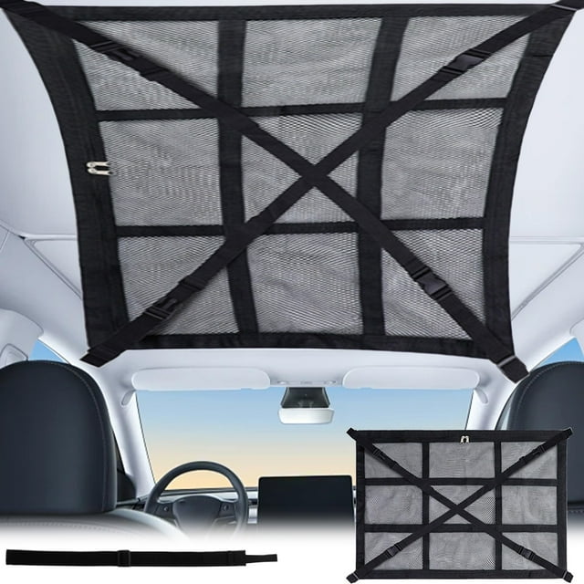 Organisateur de Rangement de Toit de Voiture / Sac de Rangement en Filet 27.5x19.7 Pouces / Design à Double Fermeture Éclair / Tissu Robuste / Solution de Rangement de Toit de Voiture Universelle / Sangles Réglables / Noir