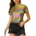 thumbnail image 5 of INSPIRE CHIC Women's Metallic Textured Short Sleeve Shiny Party Tops S Rainbow, 5 of 6