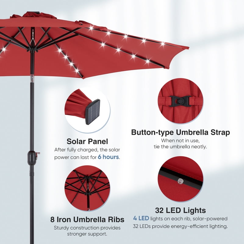 Gianna 10ft Solar Polyester 32 LED Lighted Patio Umbrella with Tilt Adjustment and UV-Resistant Fabric,Red