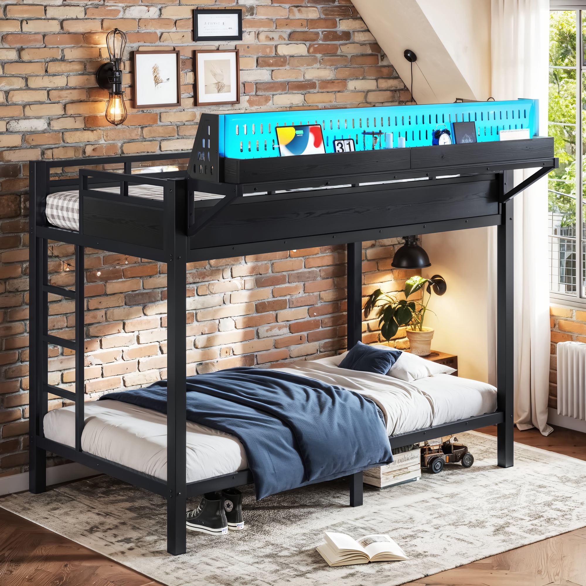 Mintazer Twin XL Over Twin XL Bunk Bed with Storage Shelves and Pegboard, Metal Bunk Bed Frame with LED Lights & Charging Station for Bedroom Guest Room, Black