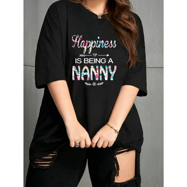 Regular Size 'Happiness is Being a Nanny' Graphic Tee - Casual Short Sleeve T-Shirt for Women, Stretchy Cotton Blend, Machine Washable
