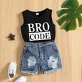 thumbnail image 3 of Toddler Baby Boys Summer Outfit Sleeveless Vest Letter Print Tank Tops +Ripped Denim Shorts Jeans Set Infant Cute Clothes, 3 of 7