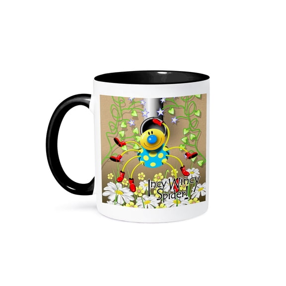 3dRose, Spotted Spider with Red Boots Incy Wincy Spider Nursery Design , 15oz Two-Tone Black Mug