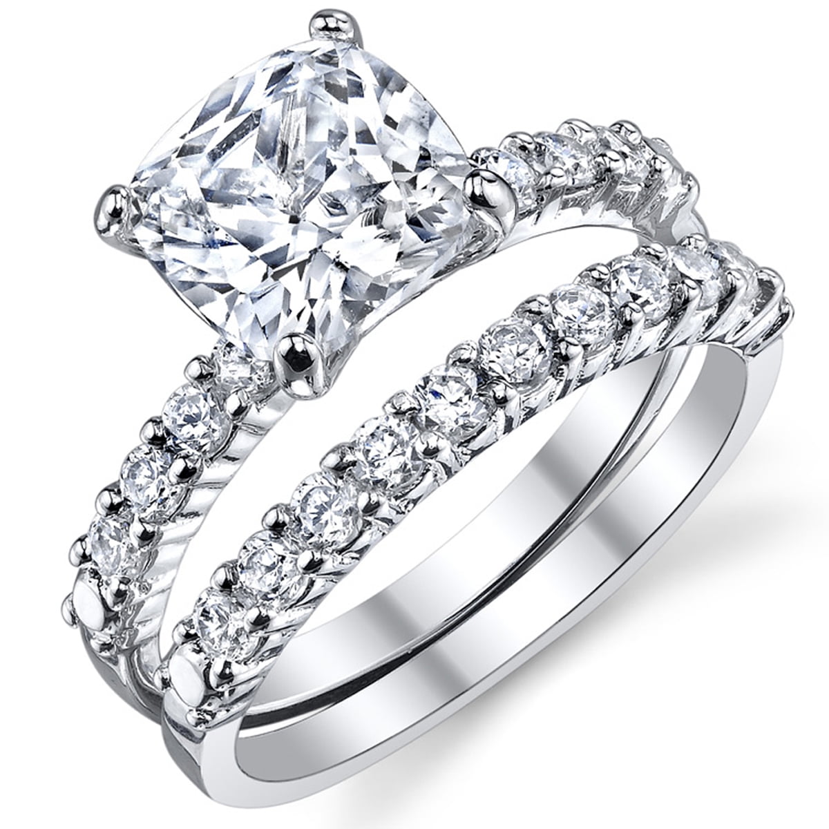 Women Silver 1.5ct Cushion Cut CZ Baguette Accent Band Wedding Engagement Ring 