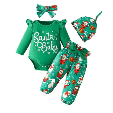 

Christmas Baby 4 Piece Set Long Sleeve Letter Triangle Jumpsuit Christmas Pants Hat and Hair Band Christmas Outfit Baby Girl Country Baby Clothes Winter Coat for Baby Girl