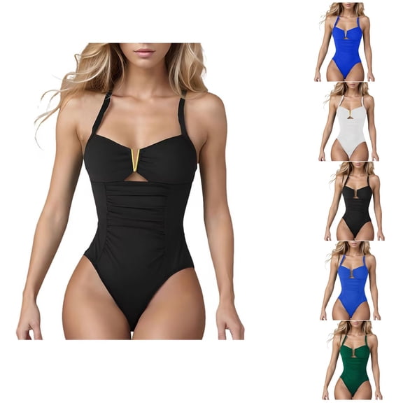 Ahuyic Womens One Piece Swimsuits,Fashion Casual Womens Fold Conservative One-Pice Bandage Solid Color Swimsuit,Blue,M