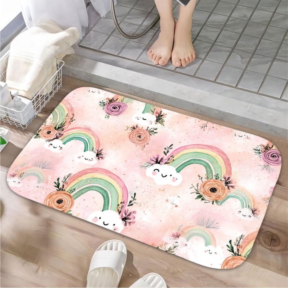 1pc Cute Rainbow and Cloud Absorbent Non-Slip Bathroom Thickened Flannel Rug Decor,Soft,Quick Drying,Suitable For Indoor/outdoor Use,Bathrooms,Bedrooms,Kitchens,Terrace,Laundry Rooms,16"x24"