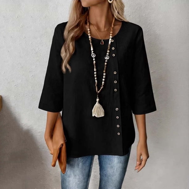 TaTaai Women's Solid Color 3/4 Sleeve Blouses Buttoned Round Neck Casual Fashionable Top Gift