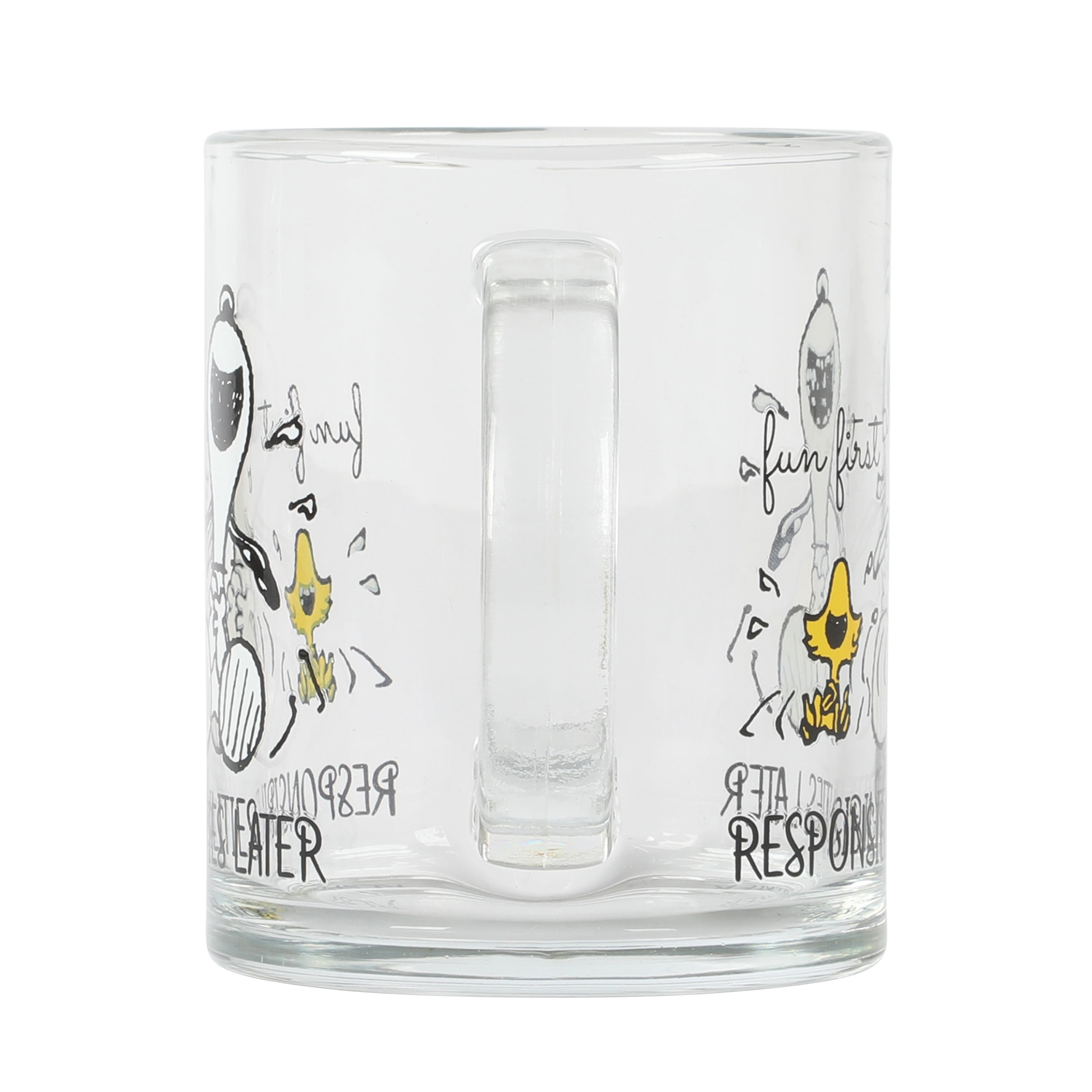 GIBSON HOME GLASS SNOOPY FUN FIRST RESPONSIBILITIES LATER MUG