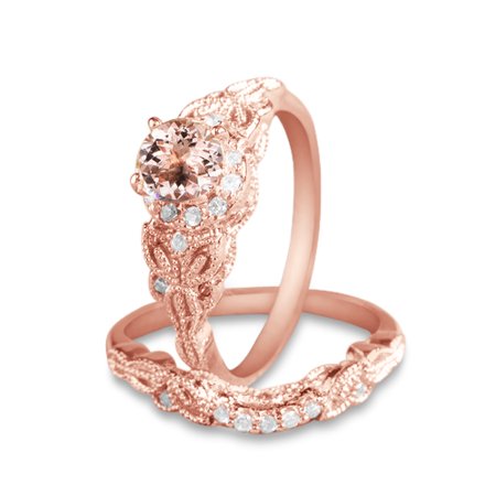 1.50 carat Round Cut Morganite and Diamond Halo Bridal Wedding Ring Set in Rose Gold: Bestselling Design Under Dollar (Best Commuter Bikes Under 500 Dollars)