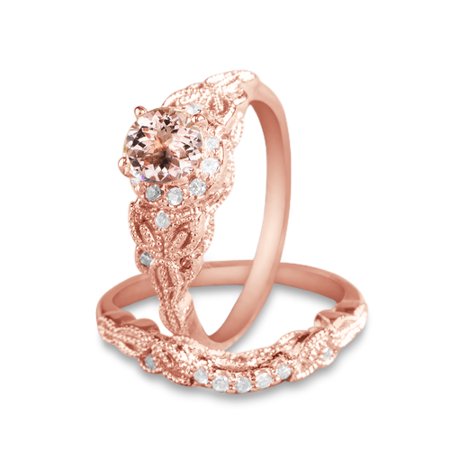 1.50 carat Round Cut Morganite and Diamond Halo Bridal Wedding Ring Set in Rose Gold: Bestselling Design Under Dollar