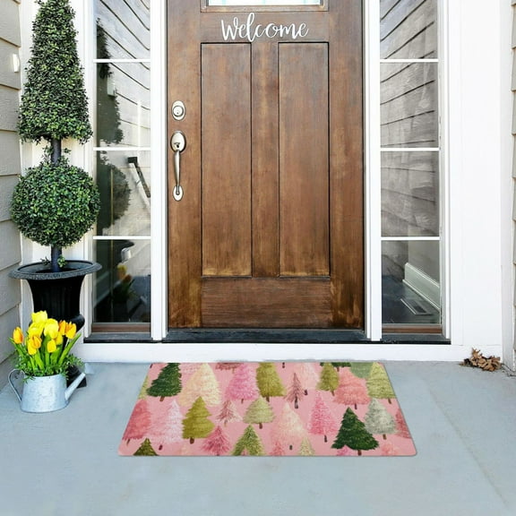 Pink Green Christmas Tree Doormats Welcome Mats Gate Pads Entryway Outdoor 32" x 20"