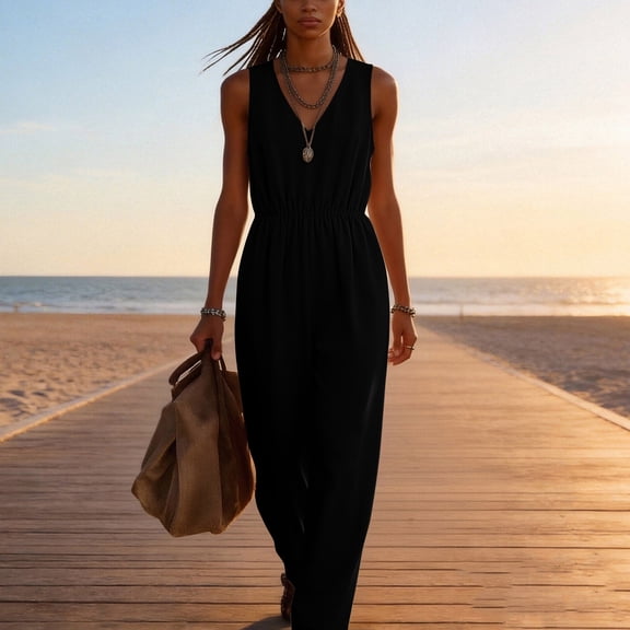 ClodeEU Women's V Neck Sleeveless Drawstring Waist Wide Leg Jumpsuit, Casual Loose Romper with Pockets Black,Women's Plus L