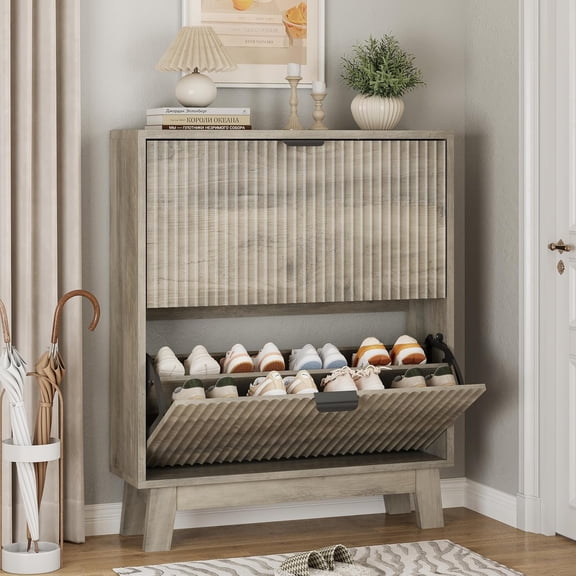 Shoe Cabinet with 2 Flip Drawers, 37" Tall Narrow Fluted Shoe Storage Organizer for Entryway, Hidden Slim Wooden Shoe Rack Cabinet for Front Door Entrance, Hallway, Living Room