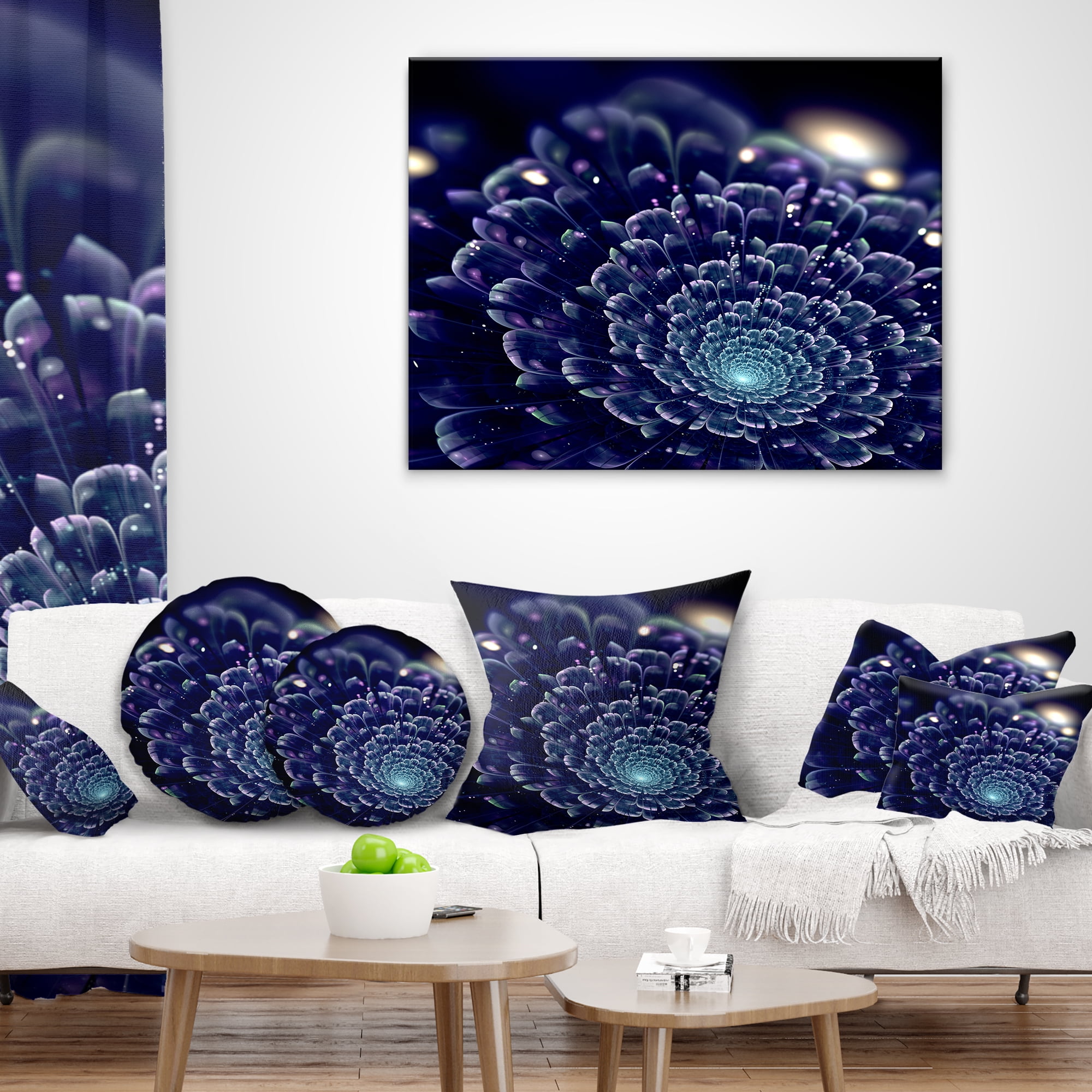 Designart Dark Blue Abstract Fractal Flower - Floral Throw Pillow - 16x16