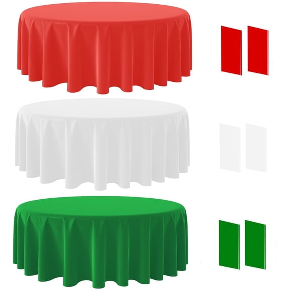 6 Pcs Christmas Plastic Tablecloth Disposable Round Tablecloths Plastic Table Cloth Waterproof Table Covers for Xmas Weddings Birthday Parties Decor, 84 inch (Red,Green, White)