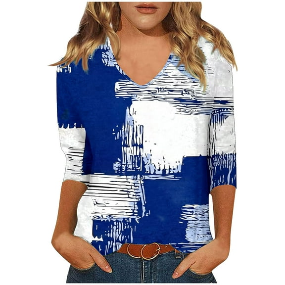 CYMMPU Business Work Blouses Dressy Tunic Tops Shirts V-Neck Basic Tees Summer Fall Casual Floral Printed 3/4 Length Sleeve 2025 Clothes for Women Blue XXL