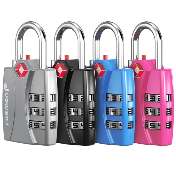 Fosmon TSA Approved Luggage Locks, (4 Pack) Open Alert Indicator 3 Digit Combination Padlock Codes with Alloy Body for Travel Bag, Suit Case, Lockers, Gym, Bike Locks - Black, Blue, Pink, and Silver
