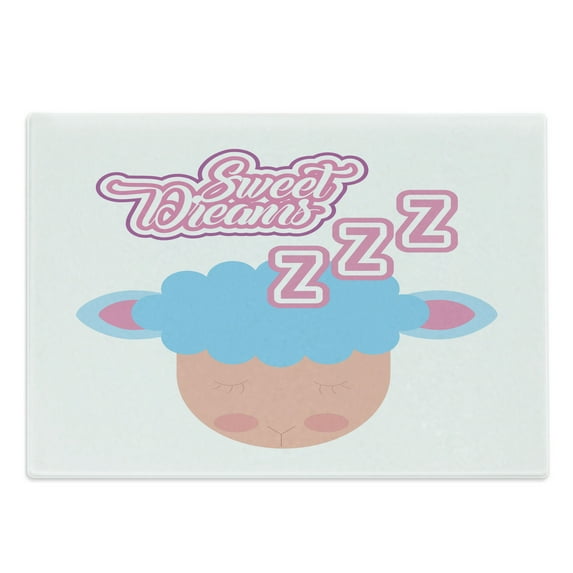 Saying Cutting Board, Cartoon Style Sleeping Animal Theme, Decorative Tempered Glass Cutting and Serving Board, Large Size, Pink Pale Blue and Peach, by Ambesonne