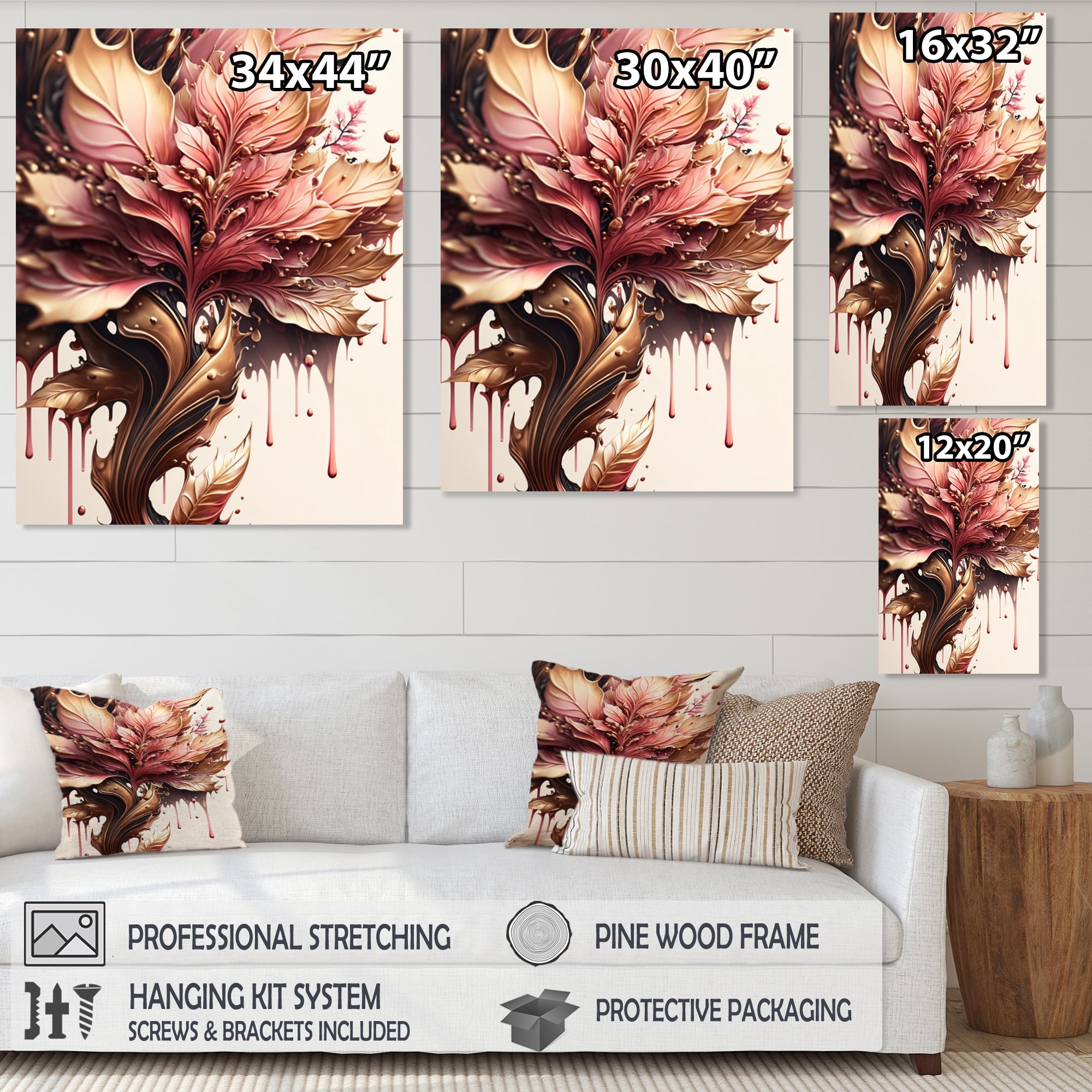 Designart Abstract Pink And Gold Leaves I Canvas Wall Art
