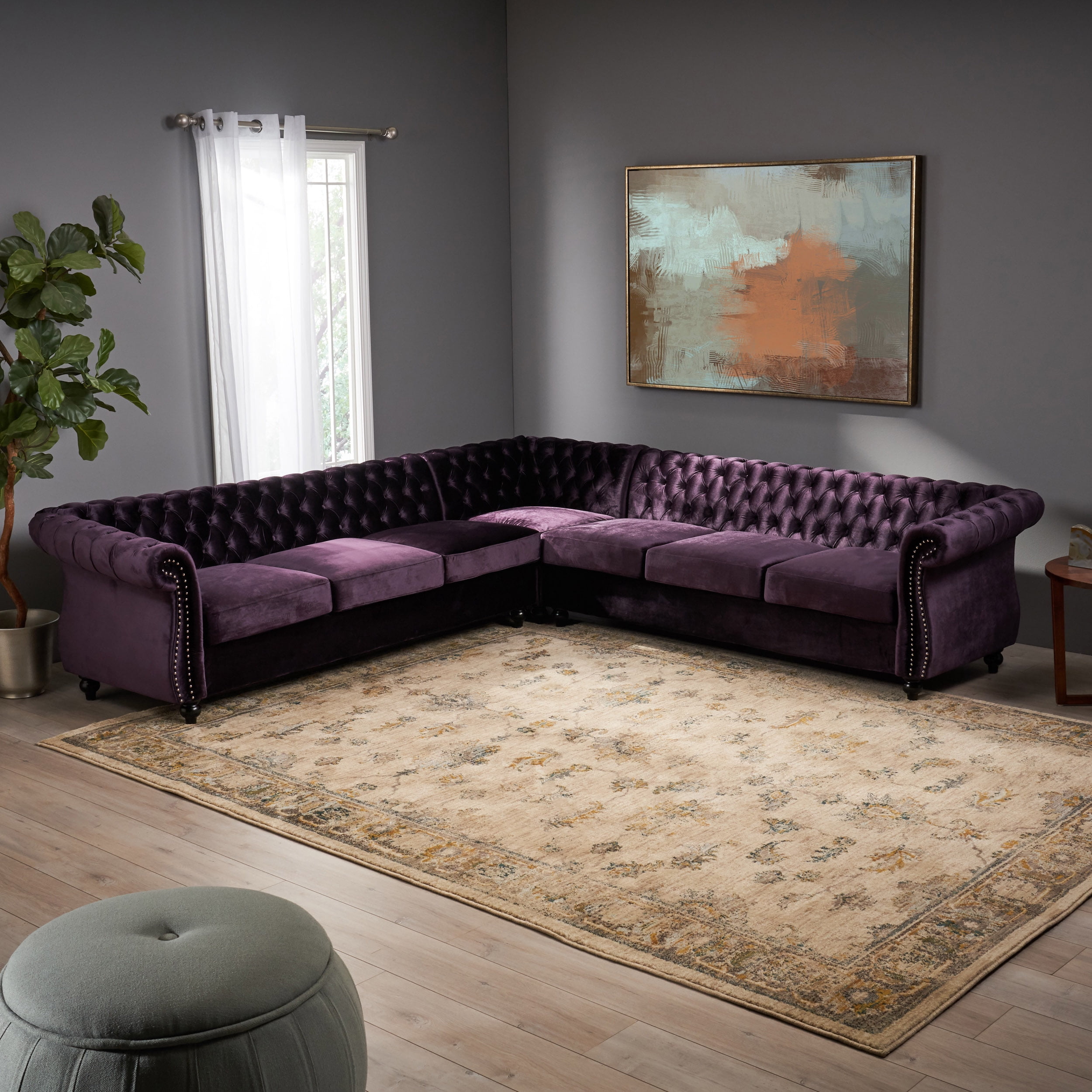 Noble House Jaymere 7 Seater Velvet Tufted Chesterfield Sectional, Blackberry