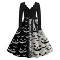 thumbnail image 2 of Women's Halloween Dress Castle 1950s Long Sleeve Retro Swing Dress Skeleton Printed V-Neck Cute Dresses with Belt 2XL, 2 of 7