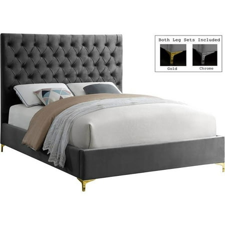 Meridian Furniture Cruz Solid Wood Tufted Velvet Full Bed in Gray