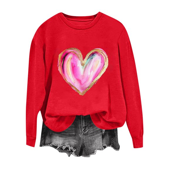 Valentines Sweatshirt for Women Funny Love Heart Graphic Shirts Casual Crewneck Holiday Pullover Long Sleeve Tops (M, Red)
