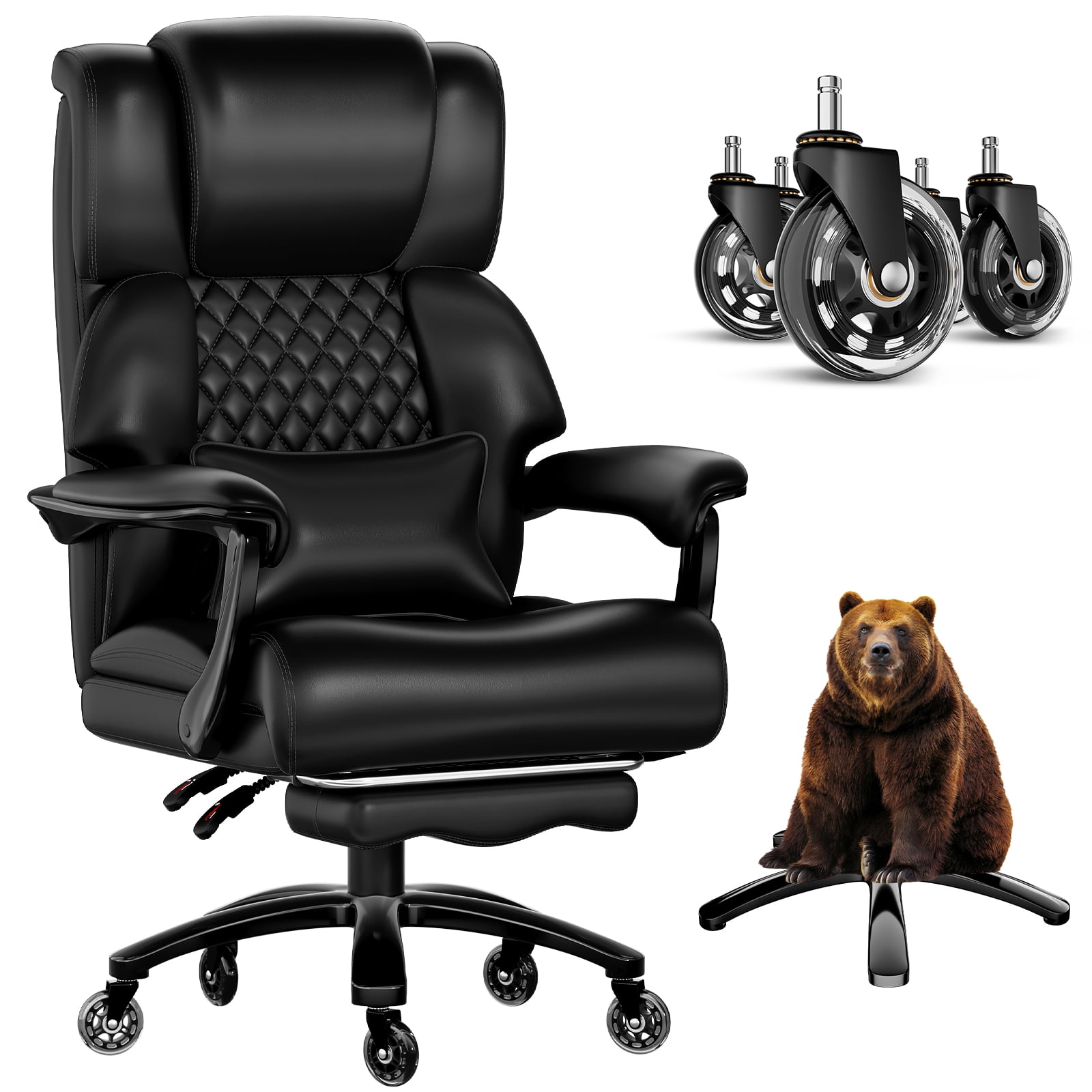 Big and Tall 700LBS Heavy Duty Executive Office Chair with Metal Base, Linkage Armrest, Footrest, Extra Thick Wide Cushion, Silent Rubber Wheels, Black