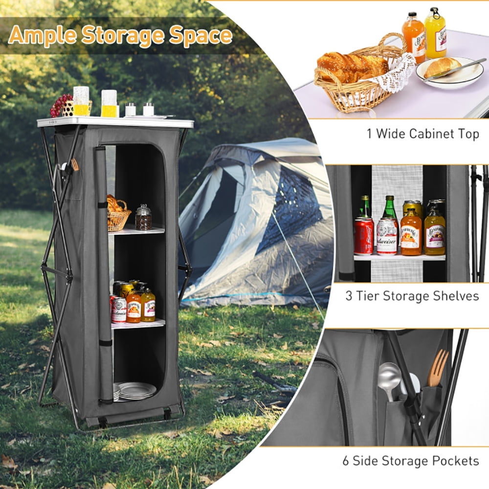 Aimee Lii Folding Camping Storage Cabinet with 3 Shelves and Carry Bag, Easy Set Up Portable Camping Kitchen, Gray-XL