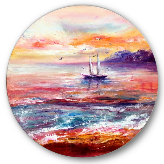 Designart 'Boat On The Ocean During VIbrant Sunset Glow' Nautical & Coastal Circle Metal Wall Art 36x36 - Disc of 36
