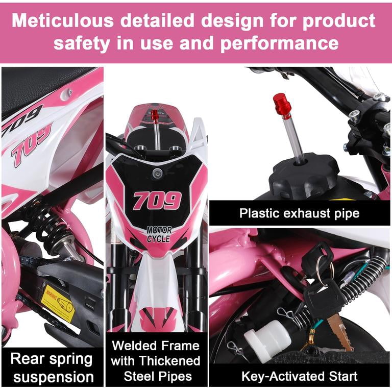 Korogimeeet Gas Powered Pink Mini Dirt Bike 49cc 2-Stroke, Hand-Pull Start, 10 Inch Off-Road Tires, Dual Disc Brakes, Infinitely Variable, 30KM/H Max Speed, 150kg, 47 x 28 Inch