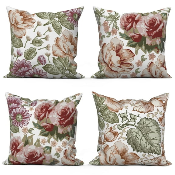 PBOBRIICH Set of 4 Boho Floral Throw Pillow Cases,Pink Flower Linen Pillow Cover for Living Room Home Decor,18x18 In