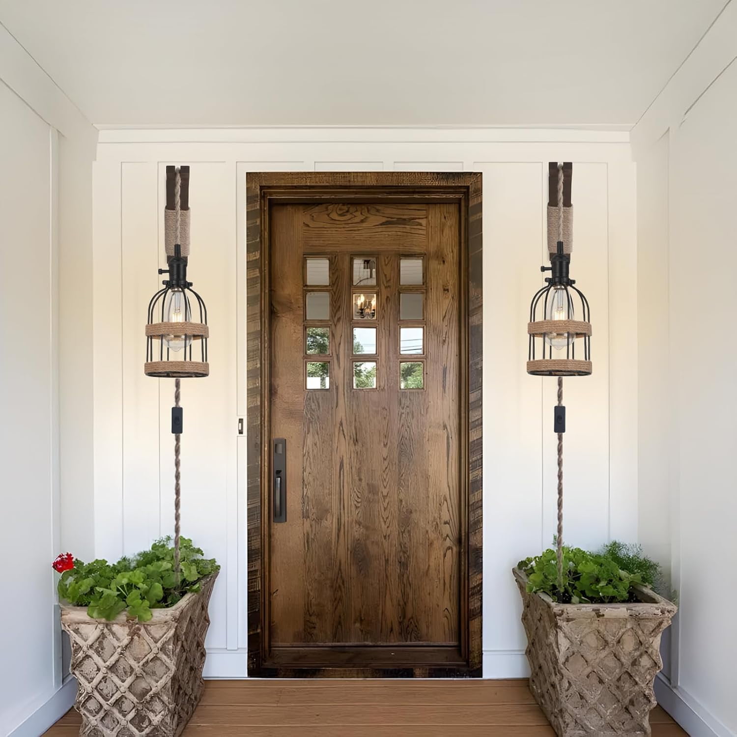 KEESFU Farmhouse Plug-in Wall Sconce Set of 2, Adjustable Rope Cage Light with Wood Bracket, Black Metal Hanging Fixture for Bedroom Living Room Hallway