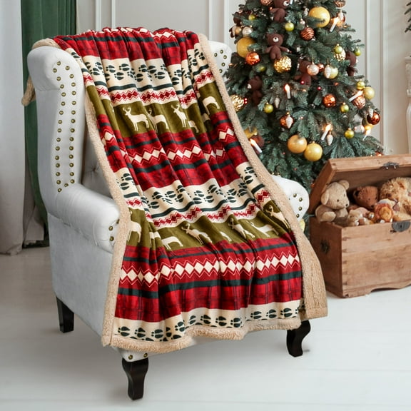 Catalonia Christmas Sherpa Throw Blankets for Beds, Flannel Chevron Micro Plush Fleece Blankets and Throws for Couch Sofa TV Bed, Reversible, Comfy, Fuzzy, 50"x60", Reindeer