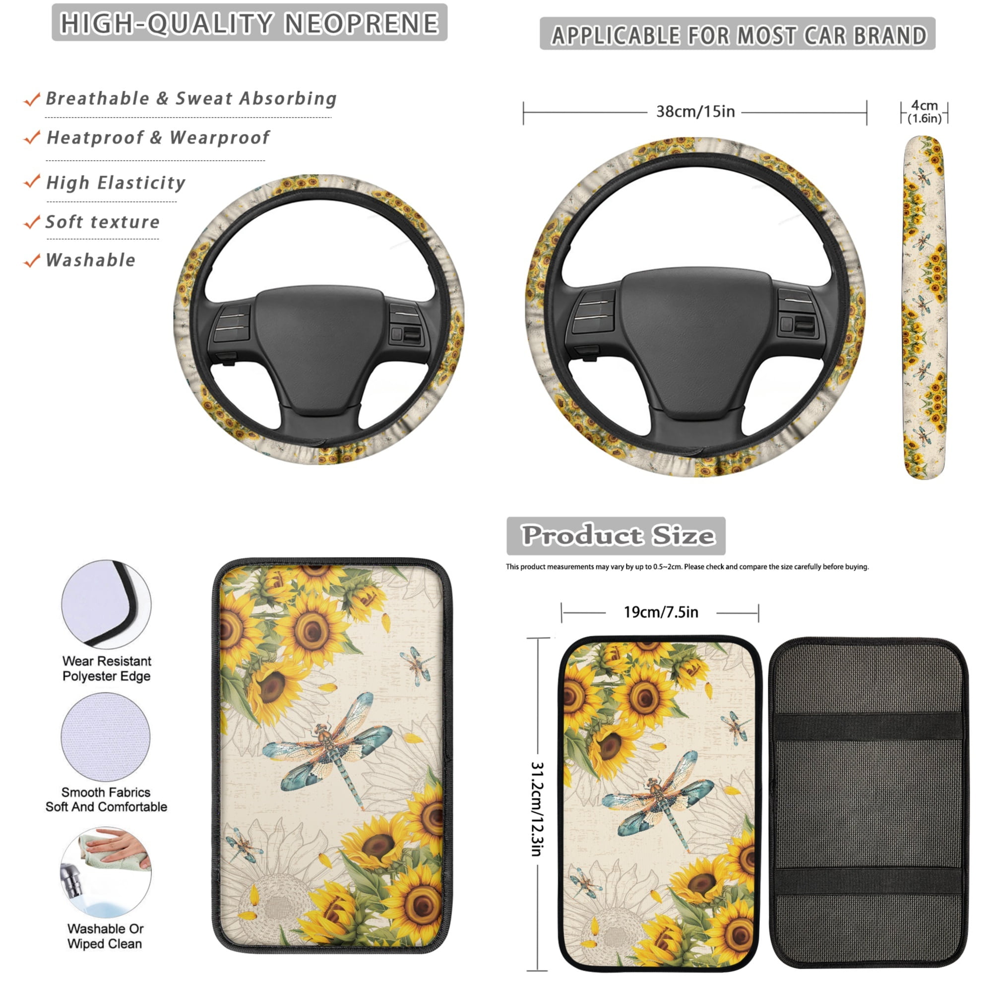 Jeiento Dragonfly Car Front Back Seat Covers Sunflower Steering Wheel Cover Armrest Cover Pad Seat Belt Pads Coasters Keychain Chapstick Holder Universal Fit, 13 PCS