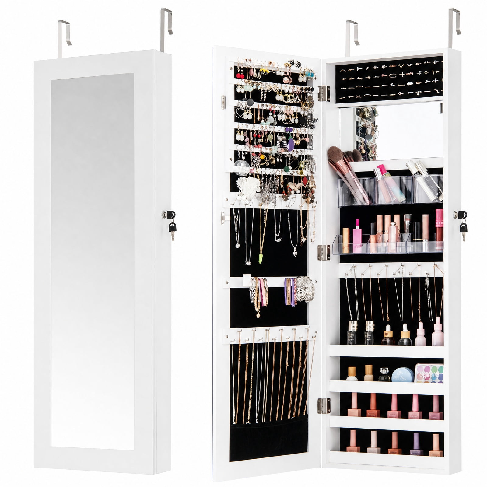 Furnibear 43.5 Inch Jewelry Mirror Cabinet with Full-length Mirror and Adjustable Hangers for Bedroom Dressing Room Jewelry Necklace Rings, White