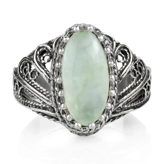 Filigree Art Prehnite Gemstone Angel Design Woman Silver Cocktail Ring