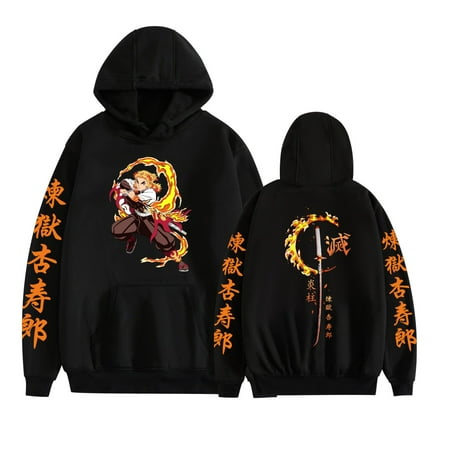 Fosskos Rengoku Kyoujurou Hoodie Sweatshirt Cosplay Costume Sweater Pullover Nezuko Hooded Unisex Anime Black Pullover
