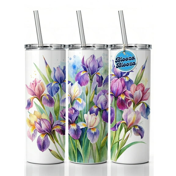 Iris Purple Pretty Flowers Watercolor 20oz Insulated Water Bottle Skinny Tumbler Includes Straw