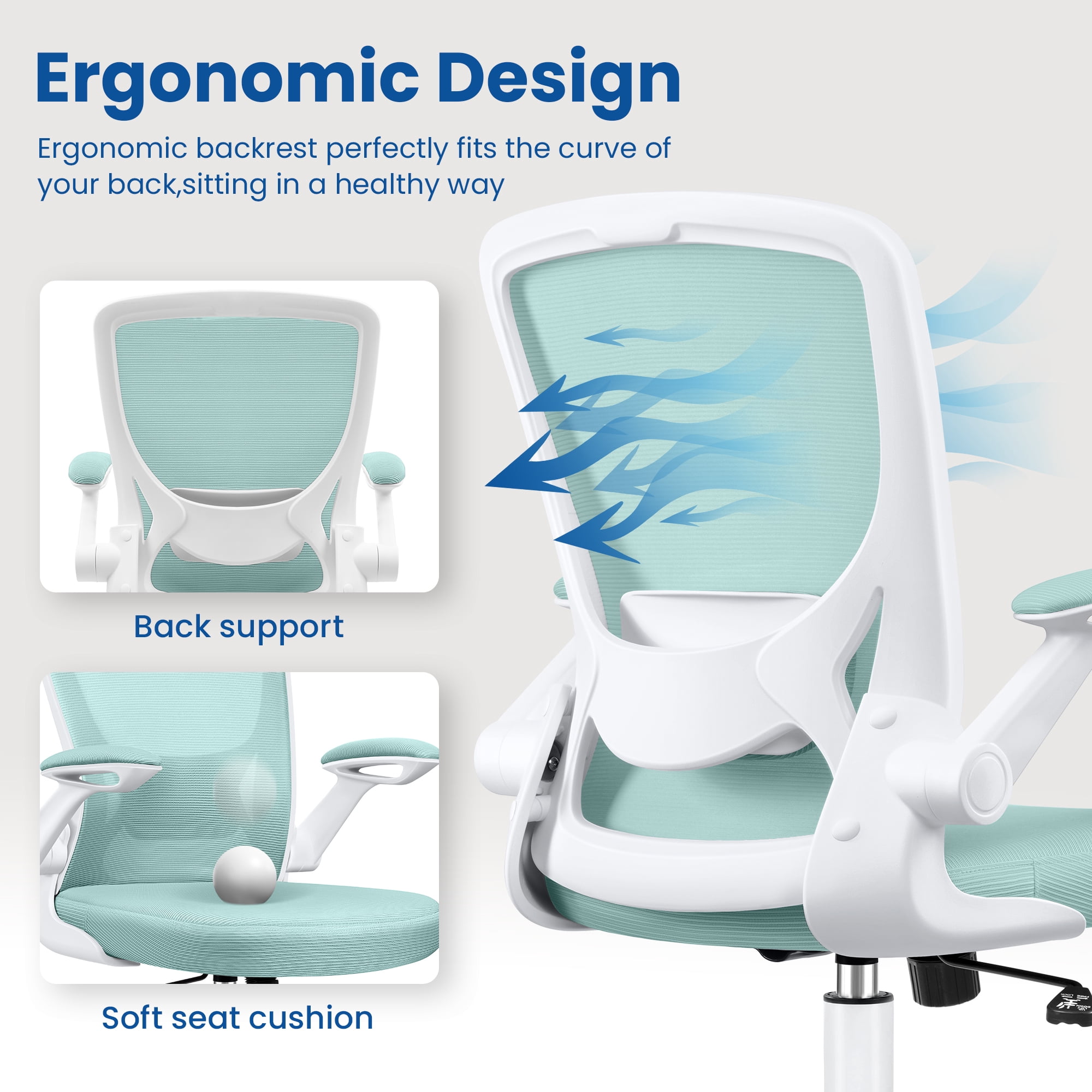 COOLHUT Office Chair, Ergonomic Office Chair, Comfort Home Office Task Chair, Lumbar Support Computer Chair with Flip-up Arms and Adjustable Height, 350LBS, Light Blue