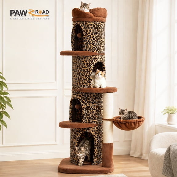 Pawz Road 68" Leopard Plush Cat Tree, Multi-Level Cat Tree for Large Cats, 4 Condos, Ideal for Multi-Cat Households